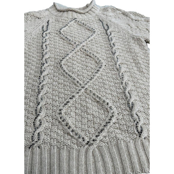 J Crew Beaded Cable Knit Sweater Womens M Merino Wool Blend Beige NWT $128 - Picture 2 of 6
